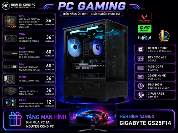 Bộ PC Gaming Ryzen 5 7500F, Ram 16GB, SSD 256GB, RTX 3050 6G [TẶNG MÀN HÌNH]