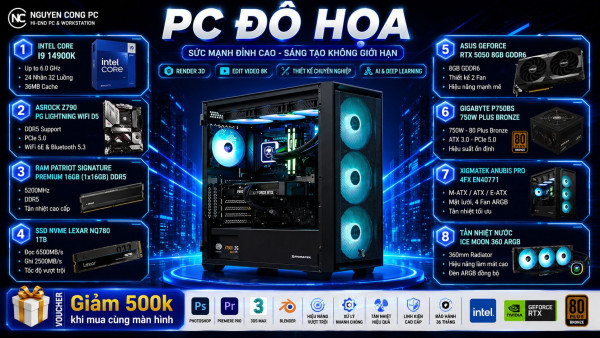 Bộ PC Đồ Hoạ i9-14900K, RAM 32GB, RTX 5050 8GB