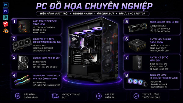  Bộ PC Đồ Hoạ Ryzen 9 9950X, RAM 32GB, RTX 4070 Super