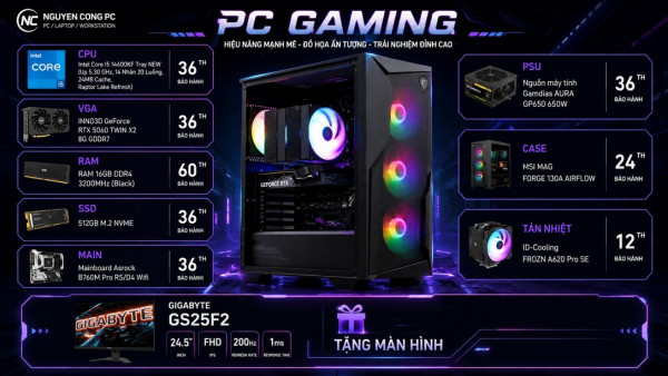 Bộ PC Gaming Intel Core i5-14600KF, Ram 16GB, VGA RTX 5060 [TẶNG MÀN HÌNH]