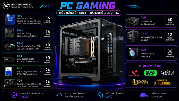 Bộ PC Gaming i5-14600K, RAM 32GB, RTX 5060 Ti Twin X2 OC