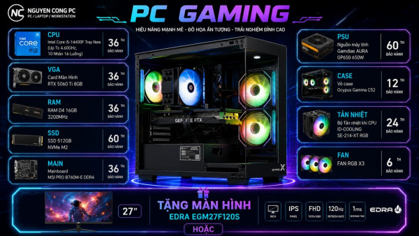 Bộ PC Gaming Intel Core i5-13400F, RAM 16GB, RTX 5060 Ti [TẶNG MÀN HÌNH]