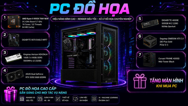 Bộ PC Đồ họa AMD Ryzen 9 9950X, Ram 32GB, VGA RTX 5050 8GB [TẶNG MÀN HÌNH]