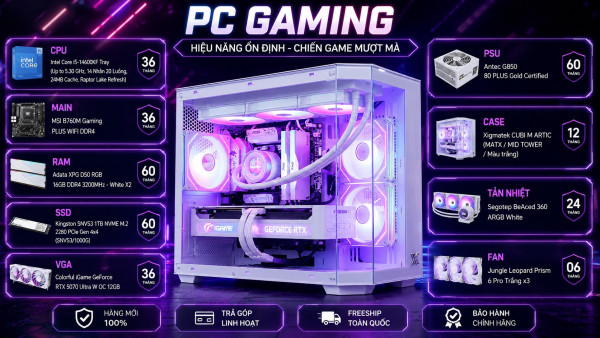 Bộ PC Gaming Intel Core i5-14600KF, RAM 32GB, RTX 5070 12GB