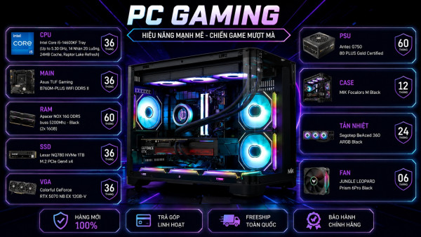 Bộ PC Gaming Intel Core i5-14600KF, RAM 32GB, RTX 5070 12GB