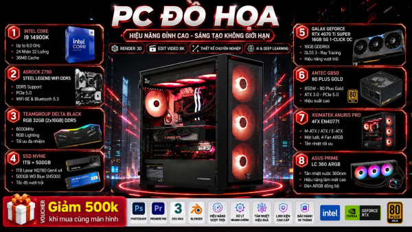 Bộ PC Đồ Hoạ Intel Core i9-14900K, RAM 32GB, RTX 4070 Ti SUPER 16GB