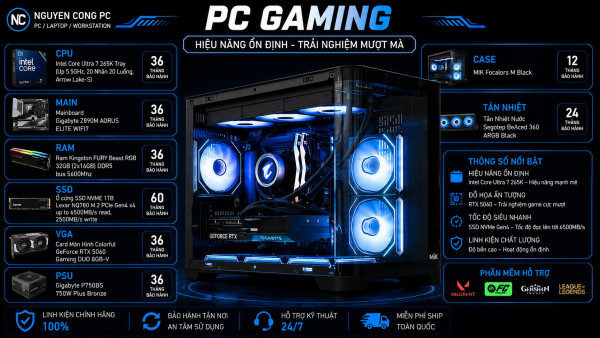 Bộ PC Gaming Intel Core Ultra 7 265K, RAM 32GB DDR5, RTX 5060