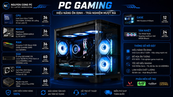 Bộ PC Gaming Intel Core Ultra 7 265K, RAM 32GB DDR5, RTX 5070