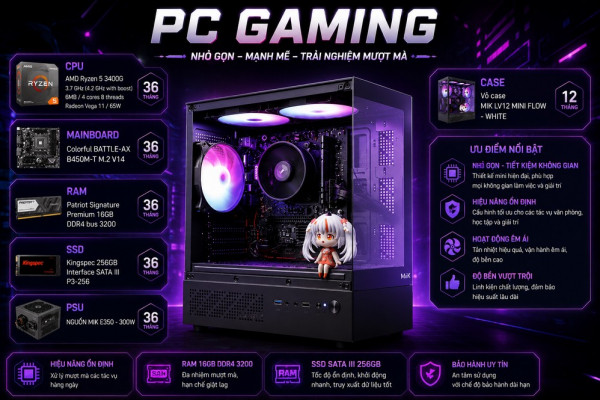 BỘ PC Ryzen 5 3400G, RAM 16GB, SSD 256GB