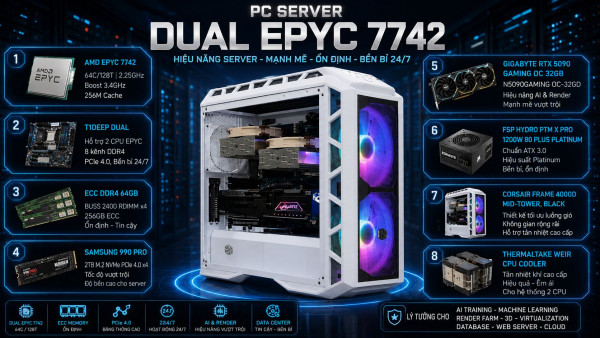 Bộ PC Server DUAL EPYC 7742, Ram 256GB, SSD 2TB, VGA 5090 32GB