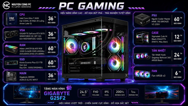 Bộ PC Intel Core Ultra 7 265K, Ram 32GB, VGA RTX 5070 12GB [TẶNG MÀN HÌNH]