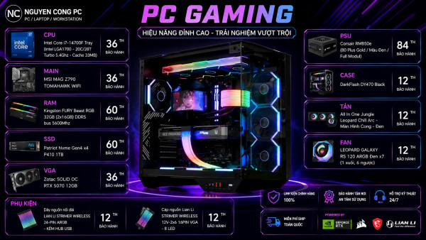 Bộ PC Gaming Intel Core i7-14700F, RAM 32GB, VGA RTX 5070 12GB