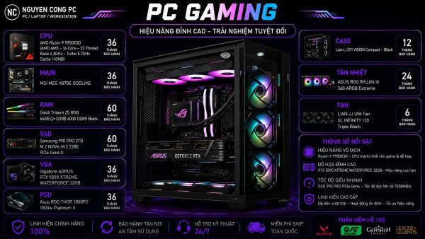 Bộ PC AMD Ryzen 9 9950X3D, Ram 64GB, VGA RTX 5090 32GB