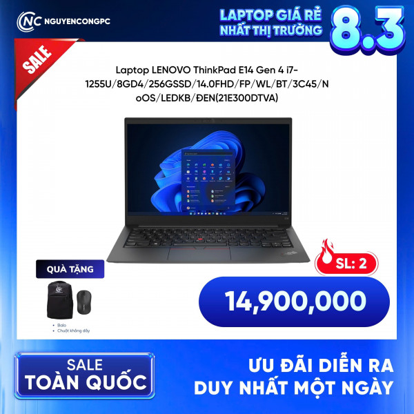 Laptop Lenovo ThinkPad E14 Gen 4 21E300DTVA (Core i7-1255U, 8GB RAM, 256GB SSD, 14 inch FHD, NO OS, Màu Đen)