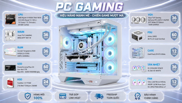 Bộ PC Gaming Ryzen 9 9950X, RAM 64GB, RTX 4070 Ti SUPER BTF White OC 16GB