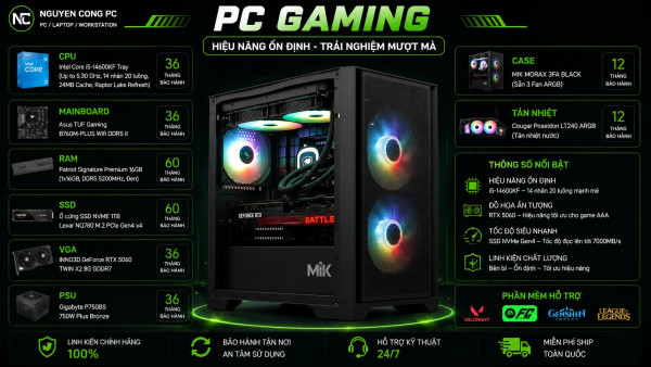 Bộ PC Gaming Intel Core i5-14600KF, RAM 16GB, RTX 5060 8GB