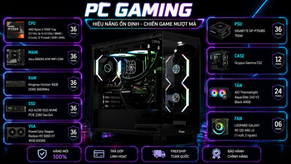 Bộ PC Gaming Ryzen 5 7500F, RAM 16GB, RX 9060 XT 16GB