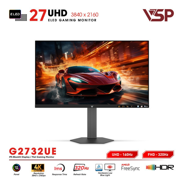 Màn Hình Gaming VSP Vision Plus G2732UE (27 Inch, IPS, 10-Bit, 4K 160Hz / FHD 320Hz, 1ms, FreeSync)