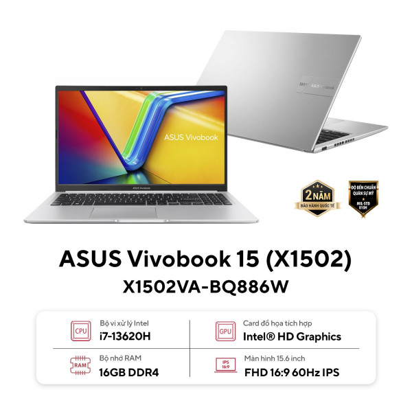 Laptop Asus Vivobook 15 X1502VA-BQ886W (Intel Core i7-13620H, 16GB RAM, 512GB SSD, Intel UHD, 15.6 inch FHD IPS, Win 11, Bạc)