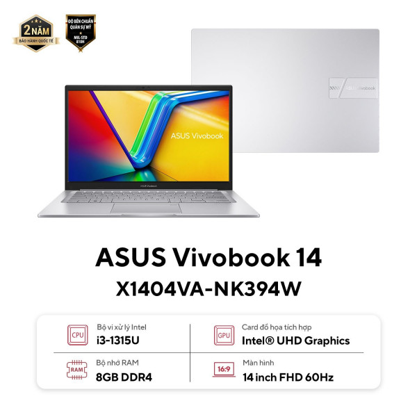 Laptop Asus Vivobook X1404VA-NK394W (Intel Core i3-1315U, Intel UHD Graphics, 14 inch FHD, 8GB RAM, 512GB SSD, Win 11 Home, Bạc)