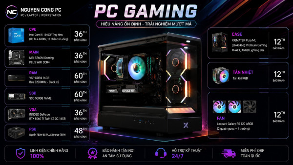 Bộ PC Gaming Intel Core i5-13400F, RAM 32GB, RTX 5060 Ti 16GB
