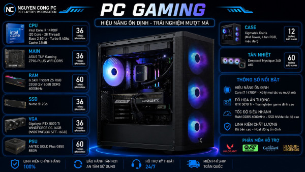 Bộ PC Gaming Core i7-14700F, RAM 32GB, RTX 5070 Ti 16GB