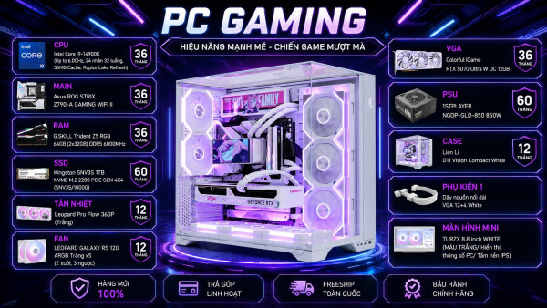 Bộ PC Gaming Intel Core i9-14900K, RAM 64GB DDR5, RTX 5070 12GB