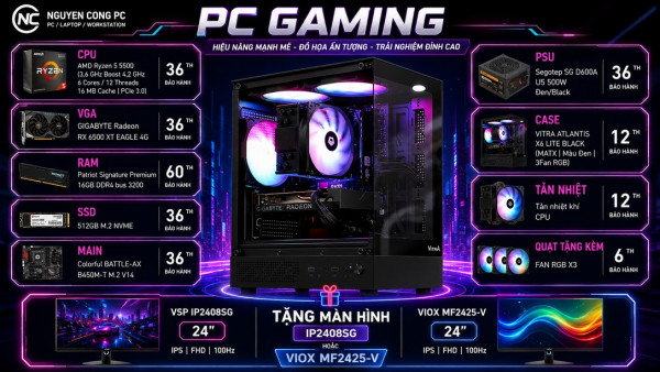Bộ PC Gaming AMD Ryzen 5 5500, Ram 16GB, VGA RX 6500XT [TẶNG MÀN HÌNH]