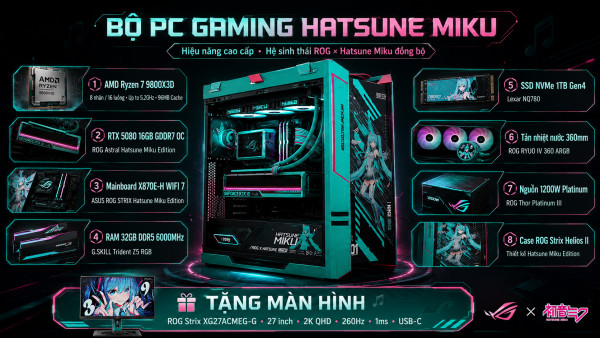 Bộ PC Hatsune Miku Ryzen 7 9800X3D, RAM 32GB, VGA RTX 5080 16GB [Tặng Màn Hình]