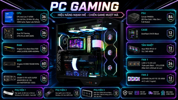 Bộ PC Gaming Intel Core i7-14700K, RAM 64GB, RTX 4070 Super 12GB