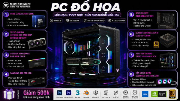 Bộ PC Intel Core Ultra 9 285K, RAM 64GB, VGA RTX 5080 16GB