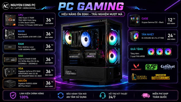 Bộ PC Ryzen 5 7500F, RAM 16GB DDR5, RTX 5060 8GB