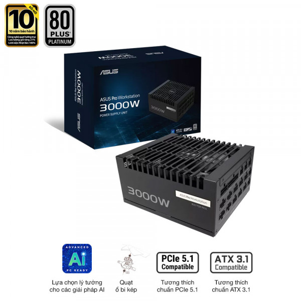 Nguồn ASUS PRO WORKSTATION 3000P (3000W, ATX 3.1, PCIe 5.0, 80 Plus Platinum, Full Modular, Range 200-240VAC, Bảo hành 10 năm)