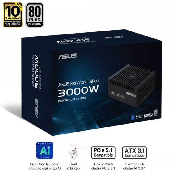 Nguồn ASUS PRO WORKSTATION 3000P (3000W, ATX 3.1, PCIe 5.0, 80 Plus Platinum, Full Modular, Range 200-240VAC, Bảo hành 10 năm)