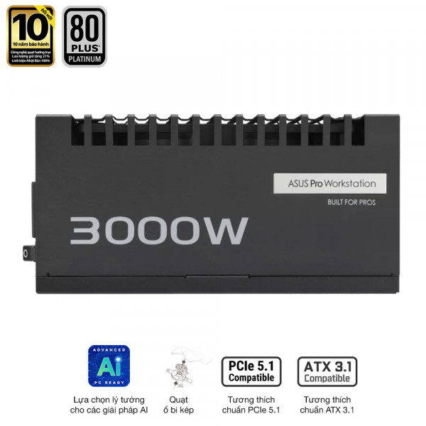 Nguồn ASUS PRO WORKSTATION 3000P (3000W, ATX 3.1, PCIe 5.0, 80 Plus Platinum, Full Modular, Range 200-240VAC, Bảo hành 10 năm)