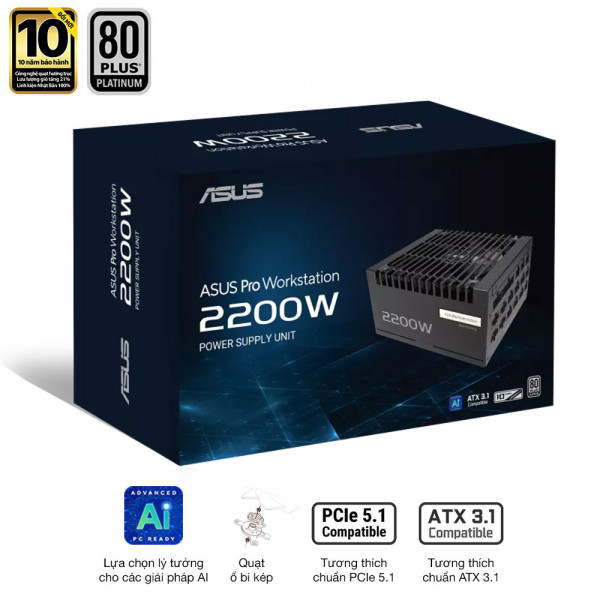 Nguồn ASUS PRO WORKSTATION 2200P (2200W, ATX 3.1, PCIe 5.0, 80 Plus Platinum, Full Modular, Range 200-240VAC, Bảo hành 10 năm)