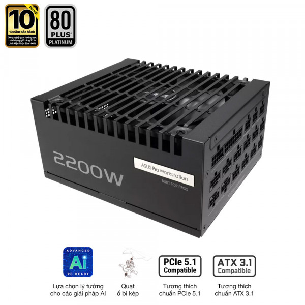 Nguồn ASUS PRO WORKSTATION 2200P (2200W, ATX 3.1, PCIe 5.0, 80 Plus Platinum, Full Modular, Range 200-240VAC, Bảo hành 10 năm)