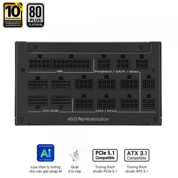 Nguồn ASUS PRO WORKSTATION 2200P (2200W, ATX 3.1, PCIe 5.0, 80 Plus Platinum, Full Modular, Range 200-240VAC, Bảo hành 10 năm)