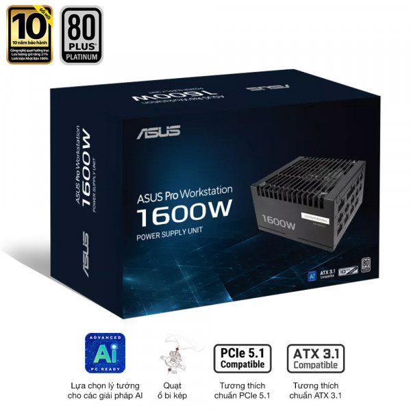 Nguồn ASUS PRO WORKSTATION 1600P (1600W, ATX 3.1, PCIe 5.0, 80 Plus Platinum, Full Modular, Range 200-240VAC, Bảo hành 10 năm)