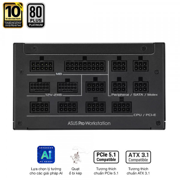 Nguồn ASUS PRO WORKSTATION 1600P (1600W, ATX 3.1, PCIe 5.0, 80 Plus Platinum, Full Modular, Range 200-240VAC, Bảo hành 10 năm)