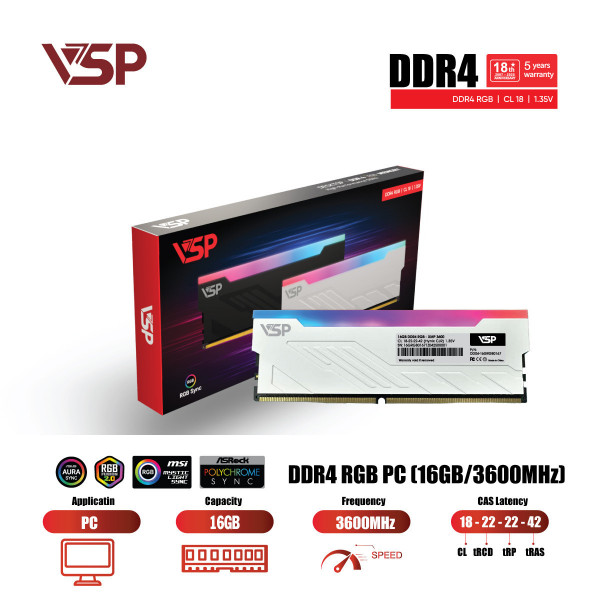 RAM VSP LED RGB 16GB DDR4 3600MHz (White)