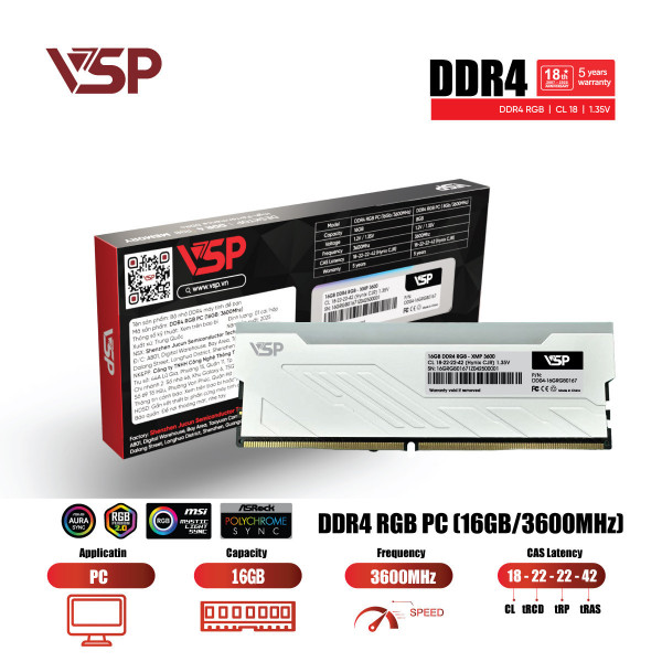 RAM VSP LED RGB 16GB DDR4 3600MHz (White)