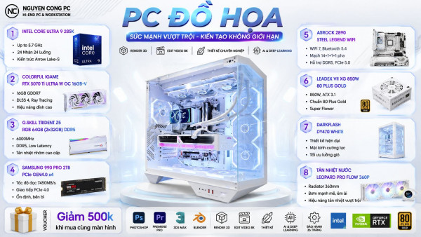 Bộ PC Intel Core Ultra 9 285K, RAM 64GB, RTX 5070 Ti 16GB