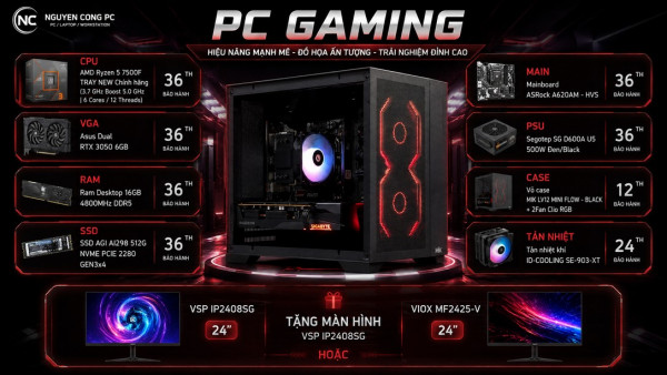 Bộ PC Gaming Ryzen 5 7500F, RAM 16GB, RTX 3050 6GB [TẶNG MÀN HÌNH]