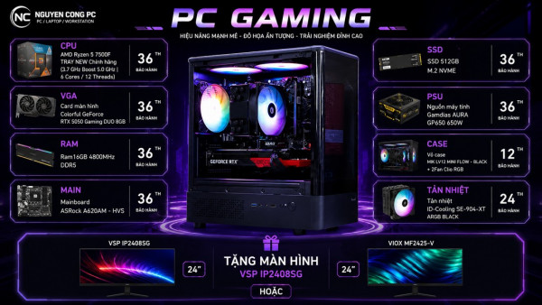 Bộ PC Gaming Ryzen 5 7500F, RAM 16GB, RTX 5050 8GB [TẶNG MÀN HÌNH]