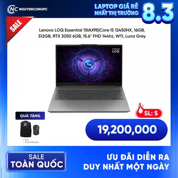 Laptop Lenovo LOQ Essential 15IAX9E (Core i5-12450HX, 16GB, 512GB, RTX 3050 6GB, 15.6