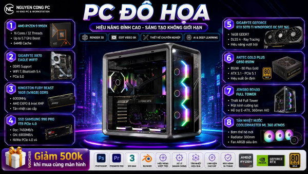 Bộ PC Đồ Họa Ryzen 9 9950X, RAM 32GB, RTX 5070 Ti 16GB
