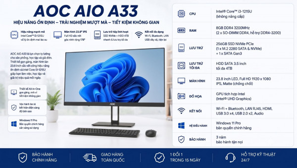 Máy Tính Để Bàn AOC AIO A33 (Intel Core i3-1215U, 8GB, 256GB, 24A33-1FBF8G, Black)