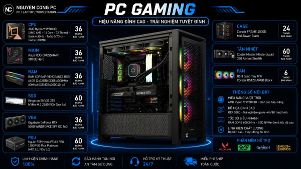 Bộ PC Gaming AMD Ryzen 9 9950X3D, Ram 128GB, VGA RTX 5080 16GB