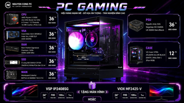 Bộ PC Gaming AMD Ryzen 5 5500, RAM 16GB, VGA 6GB [TẶNG MÀN HÌNH]